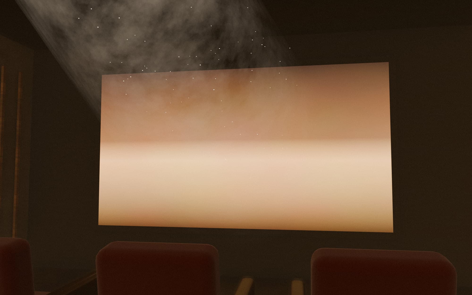 Visualisation: a private cinema, its large screen lit by a projector through faint haze, above upholstered seats.