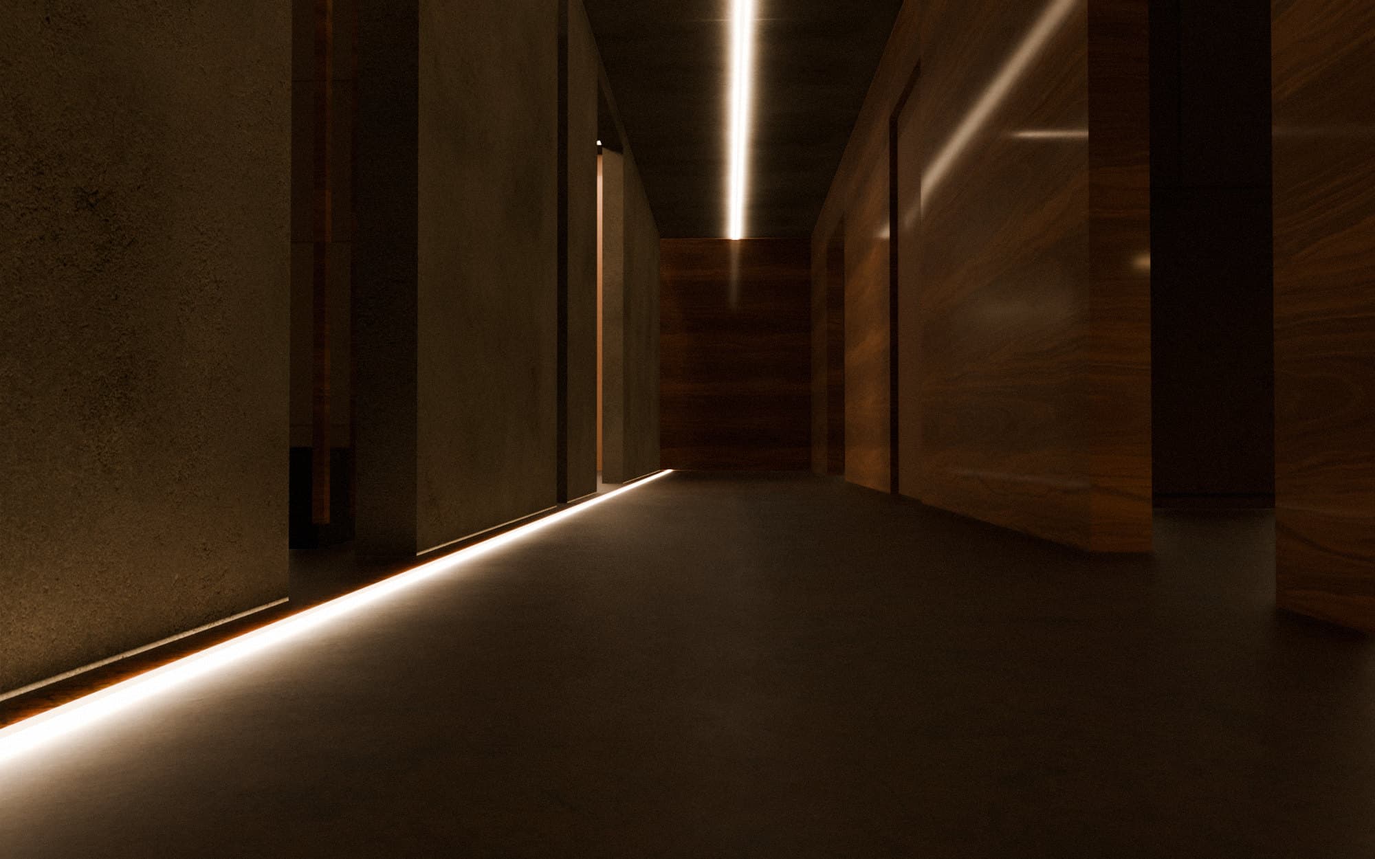 Visualisation: a walnut and stone corridor with a single line of light in the ceiling and another along the floor.