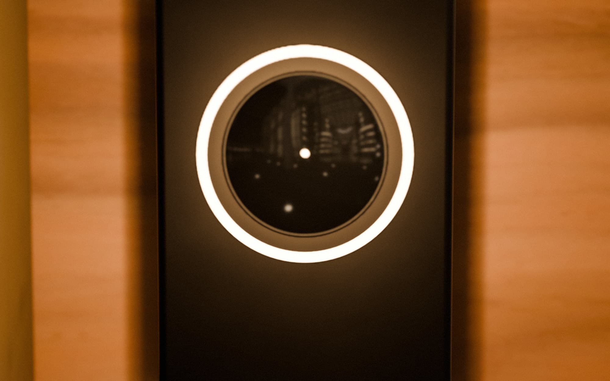Visualisation: a biometric access reader with a softly lit ring, set into a dark panel between walnut surfaces.