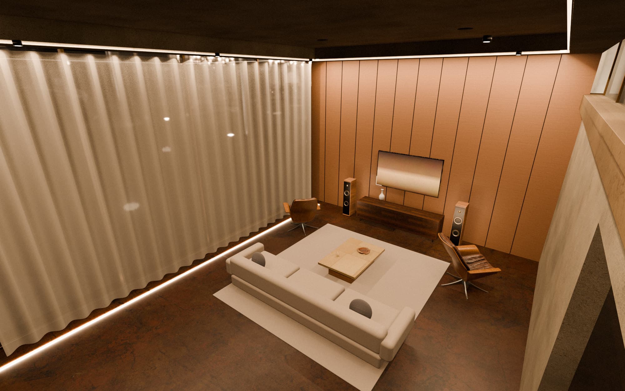 Visualisation: a double-height living room in its evening scene, with sheer curtains drawn, warm light along the ceiling coves and floor, and a media wall in walnut.