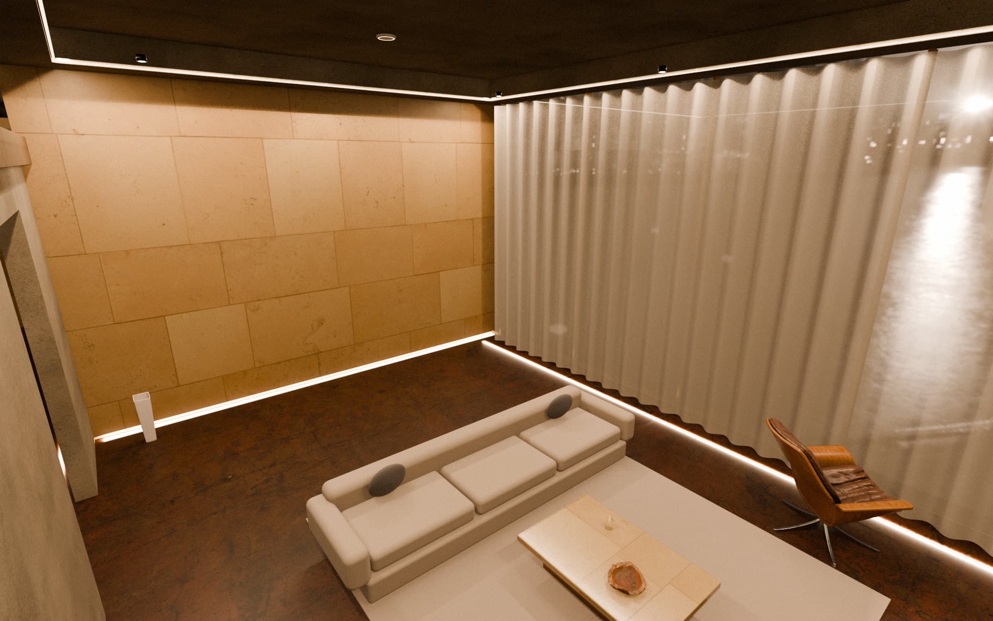 Visualisation: a living room with travertine walls, floor-to-ceiling sheers and lines of warm light at ceiling and floor.