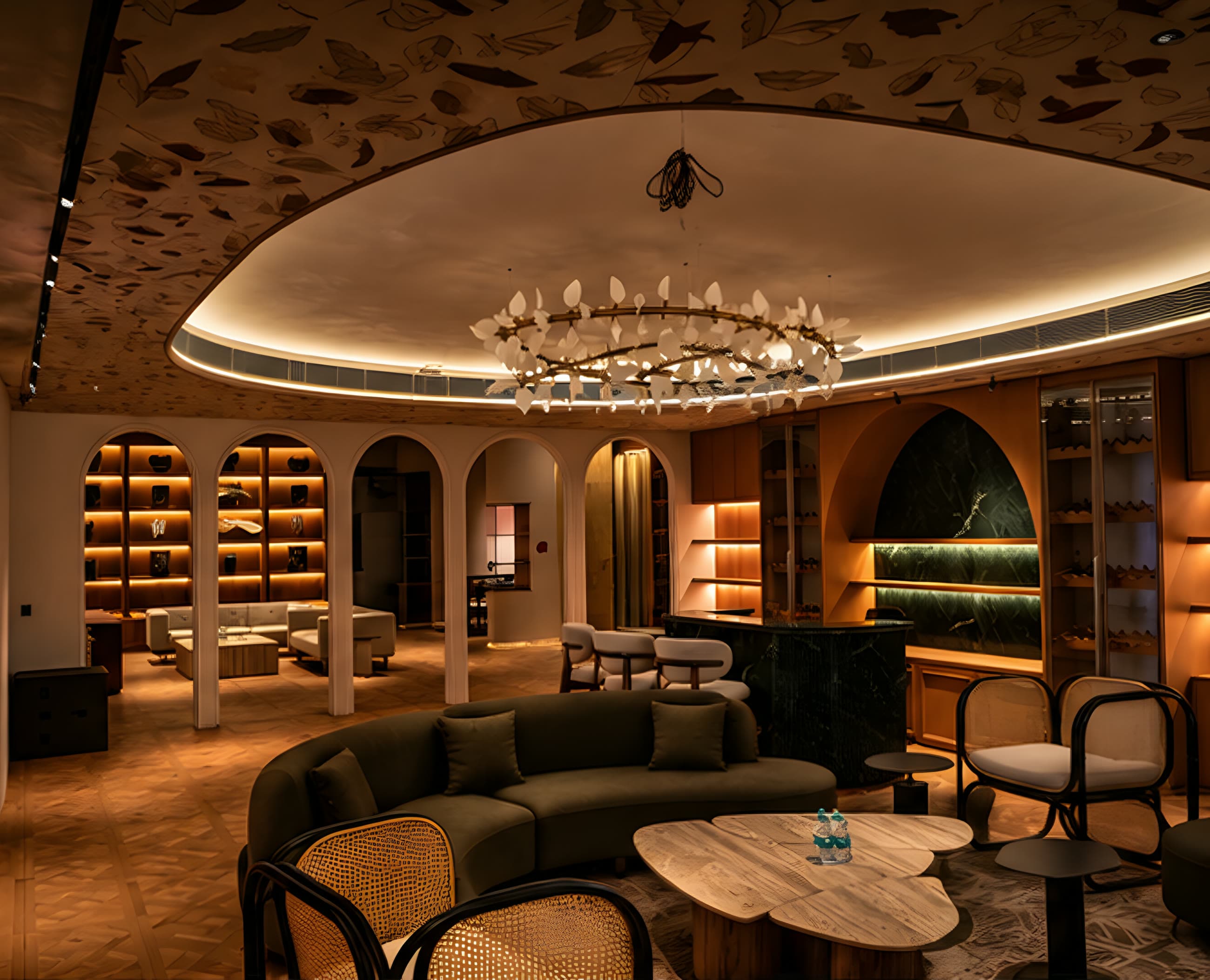The studio lounge seen towards the bar: arched niches with lit shelving, a green marble bar, wine displays and a curved sofa under a cove-lit ceiling.