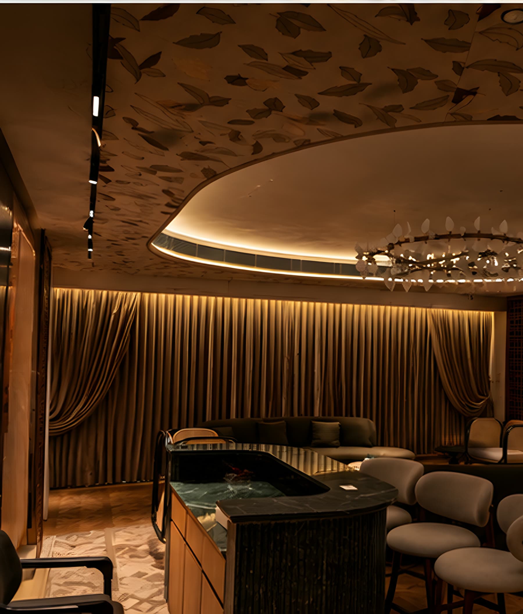 The SCENYQ ELYSIA studio lounge: a sculpted ceiling with a warm lit cove, a leaf chandelier, and full-height curtains washed with concealed light behind a green marble bar.