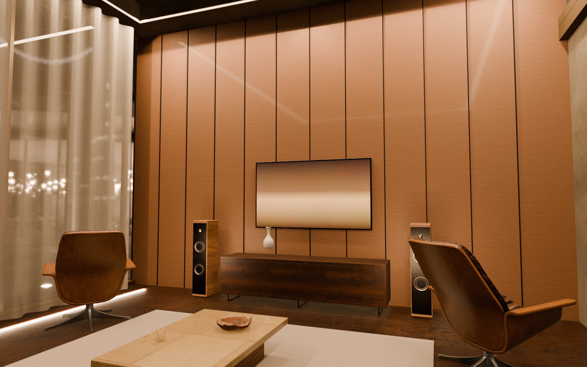 Visualisation: a walnut-panelled media wall with a television, two floor-standing speakers and a low credenza, softly lit.