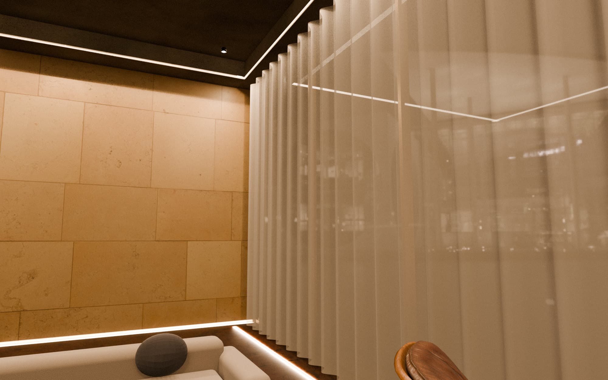 Visualisation: sheer curtains drawn along a glazed wall, lit by a concealed line of light at the ceiling.